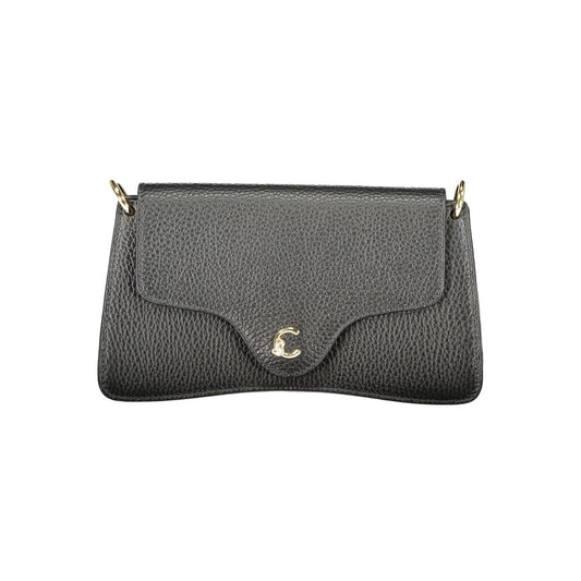 Coccinelle Black Leather Women Handbag with snap closure and adjustable strap, showcasing Italian craftsmanship and sleek design.