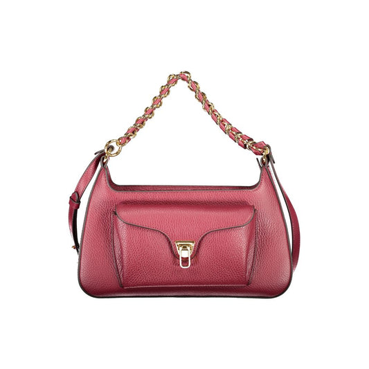 Coccinelle Purple Leather Women Handbag with removable chain shoulder handle and adjustable strap, featuring external pocket and twist closure.