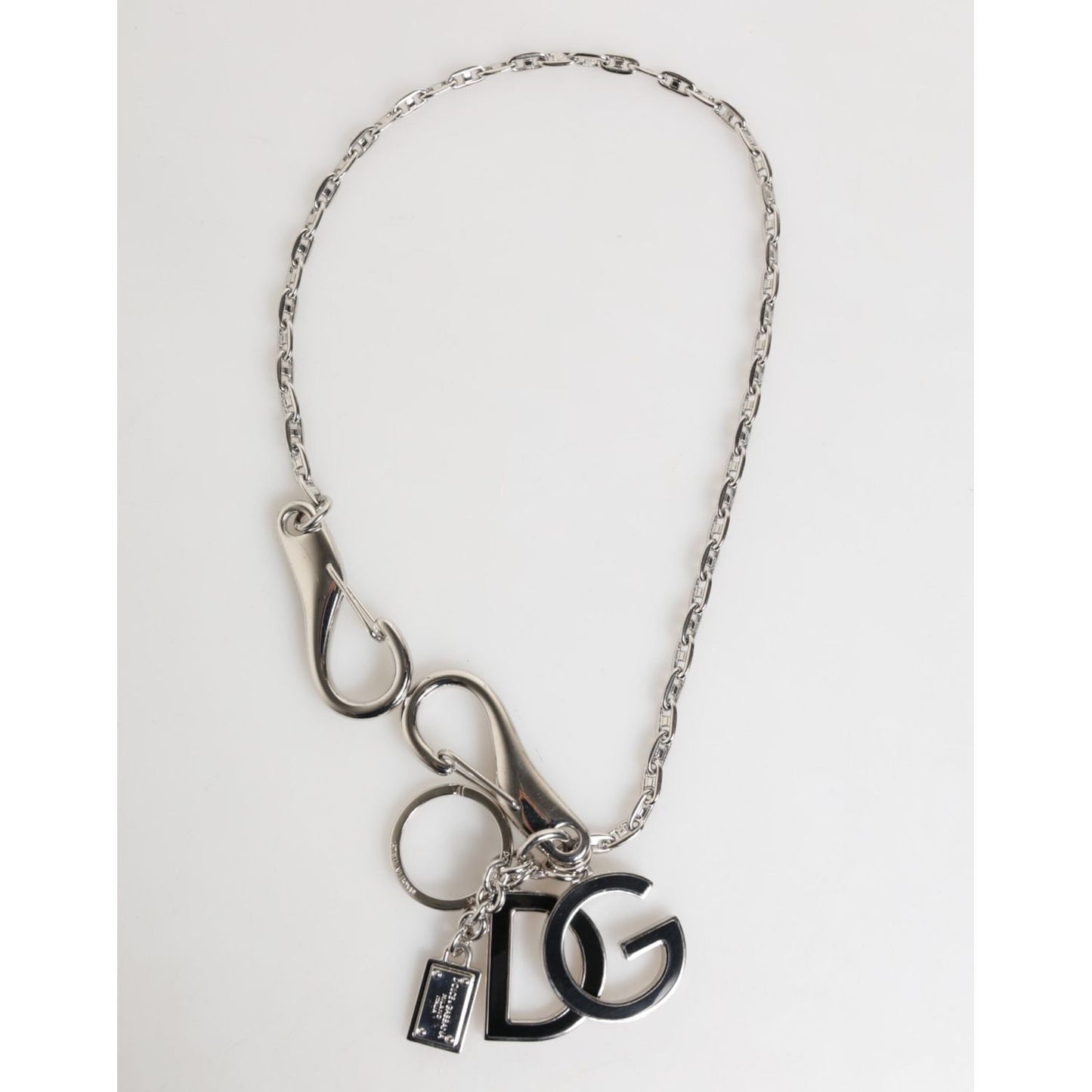 Dolce & Gabbana Silver DG Logo Key Holder Keychain Bag Charm Keyring with metal chain and black logo charms.