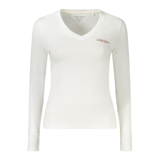 Guess Jeans White Cotton Women T-Shirt with long sleeves and V-neck design, featuring signature logo print.