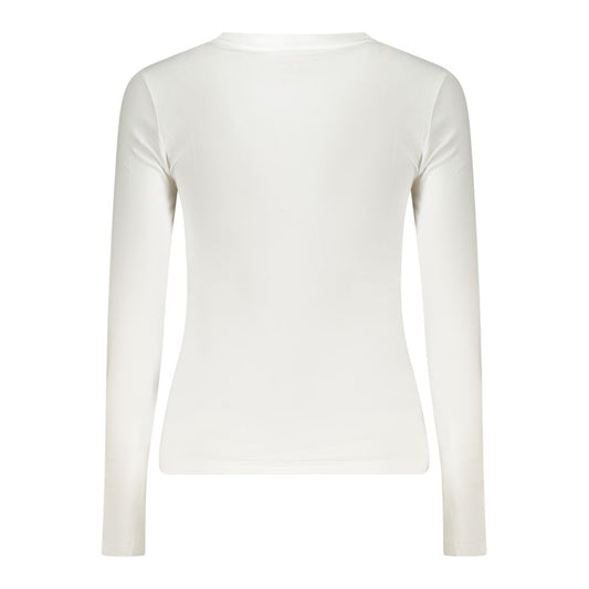Back view of Guess Jeans White Cotton Women T-Shirt showcasing long sleeves and slim fit in organic cotton.