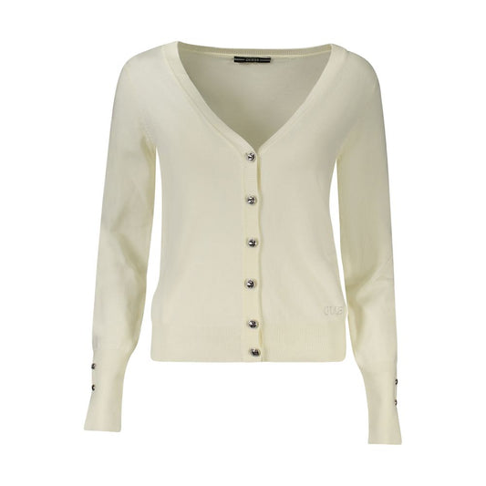 Guess Jeans White Viscose Women Sweater with rhinestone appliques, V-neck and button-down front, elegant long-sleeved cardigan.