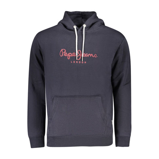Pepe Jeans Blue Cotton Men Sweater with front pocket and bold logo print, sustainable fabric, comfortable urban style hoodie ideal for casual wear.