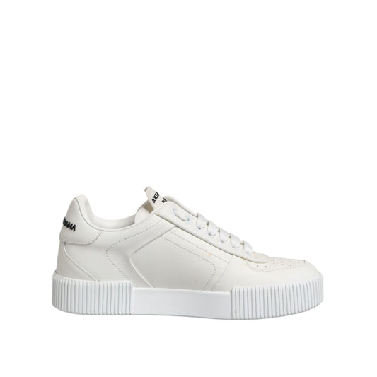 Dolce & Gabbana White Miami Leather Low Top Sneakers Shoes, made from smooth white calfskin leather with rubber sole and logo details.