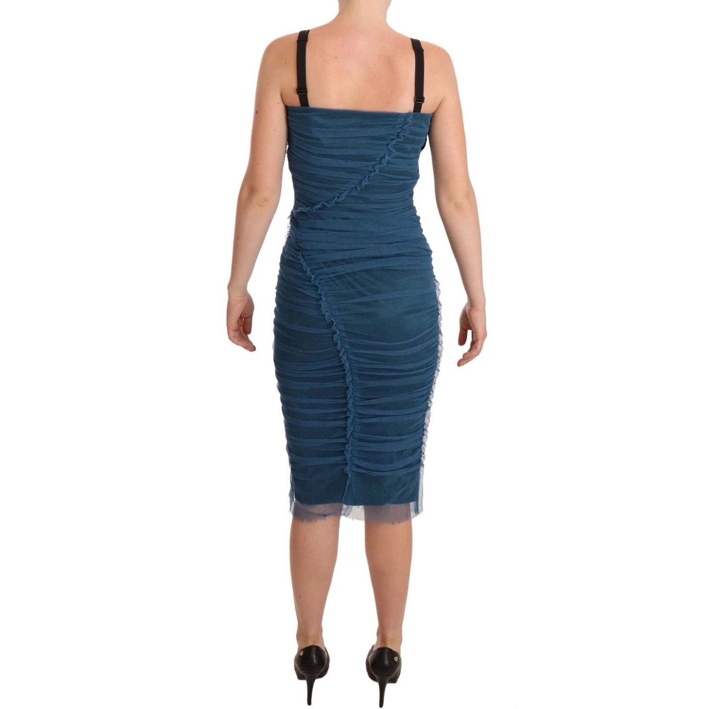 Dolce & Gabbana Blue Mesh Trim Ruched Tulle Sheath Dress