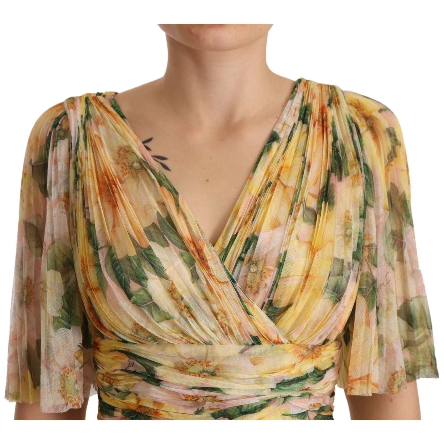 Dolce & Gabbana Yellow Floral Print Pleated Maxi Dress