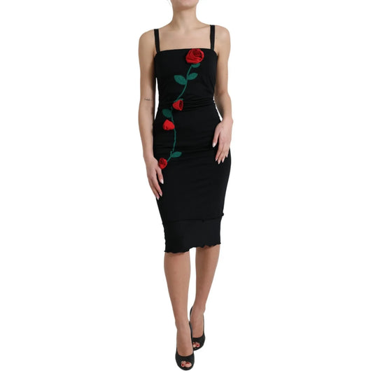 Dolce & Gabbana Black Wool Sleeveless Rose Applique Dress featuring 3D red rose embroidery, perfect for formal and evening occasions.