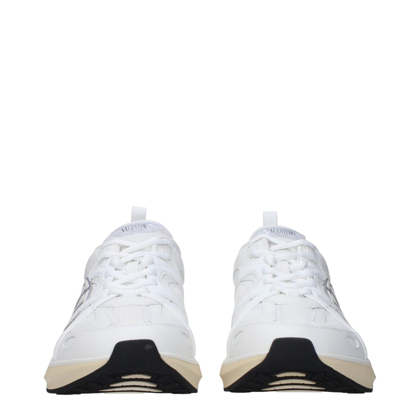 Valentino Garavani White Fabric Athletic Sneakers with lace-up closure, front and side logos, round toe, and rubber sole.