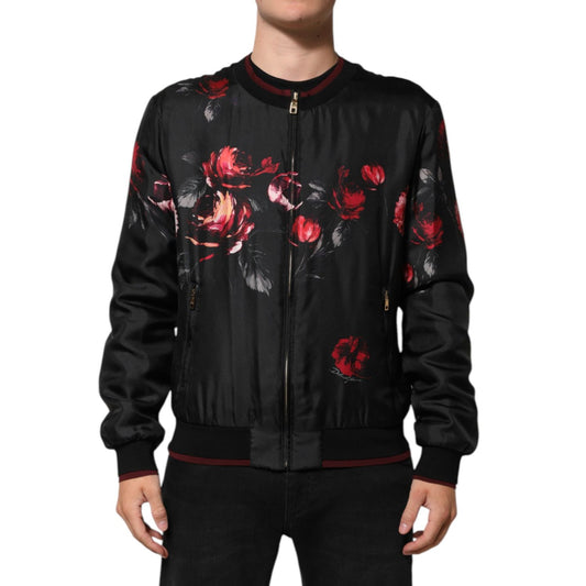 Dolce & Gabbana Black Red Floral Silk Bomber Blouson Jacket