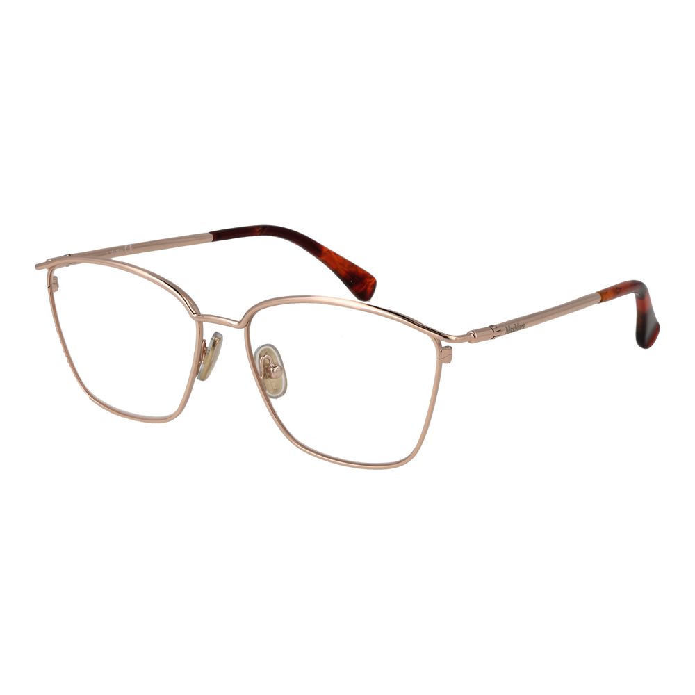 Max Mara Rose Gold Women Glasses Frame with metal full-rim, rectangle style, size 54-15-135, demo lenses, includes branded case.