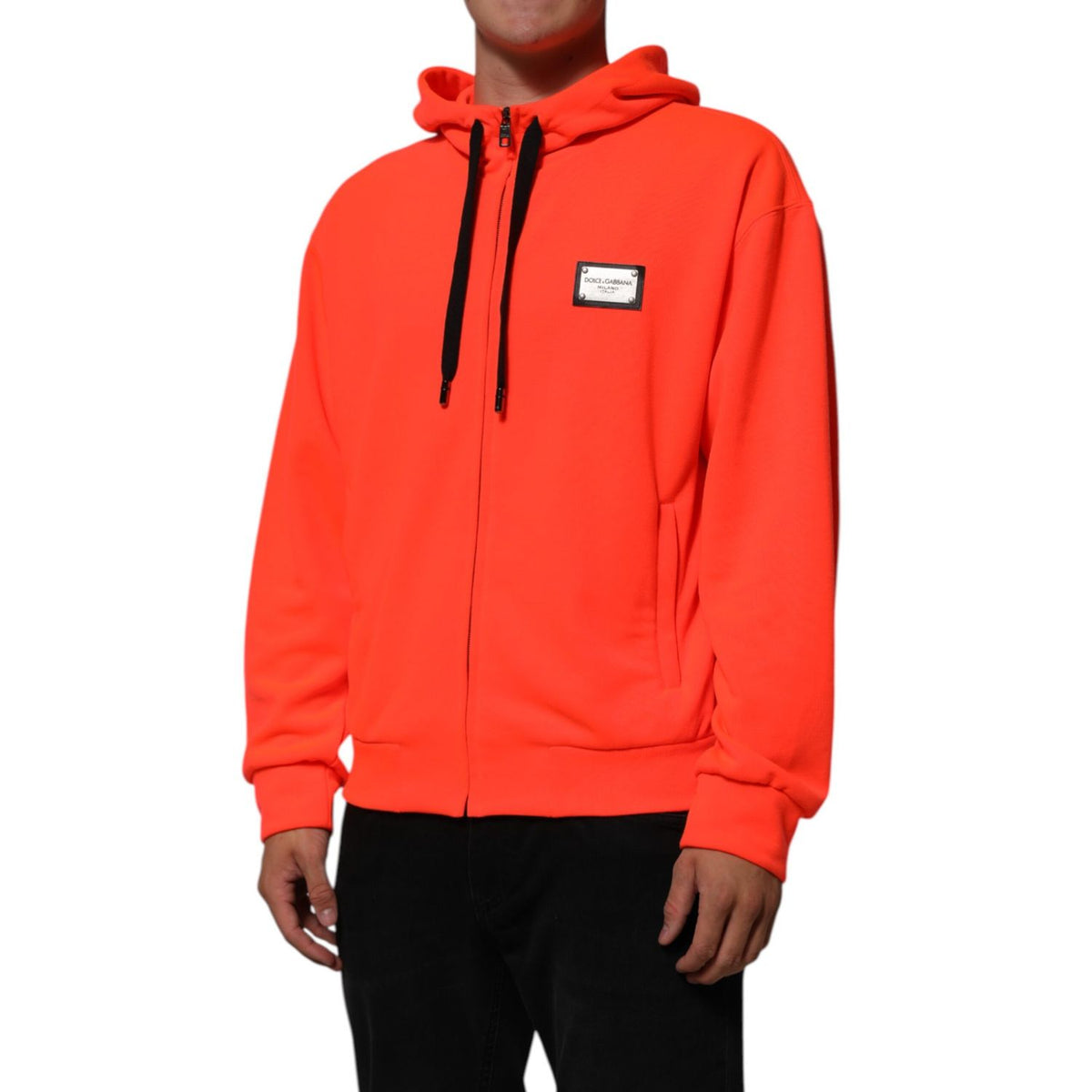 Dolce & Gabbana Red Fluorescent Polyester Logo Patch Hoodie Sweater