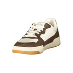 Tommy Hilfiger White Leather Men Sneaker with brown accents and iconic logo, featuring a sleek design and removable footbed for comfort.