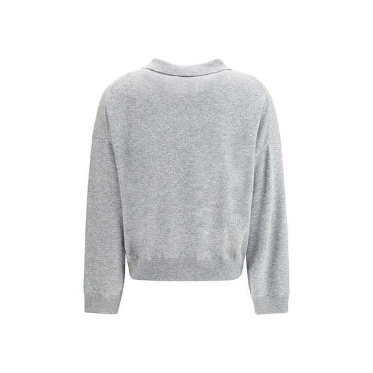 Back view of grey Allude Wool polo Sweater featuring ribbed collar and trim, showcasing casual sophistication for AW25 season.