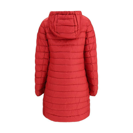 Back view of Parajumpers Meredith Down Jacket in red with hood and quilted design.