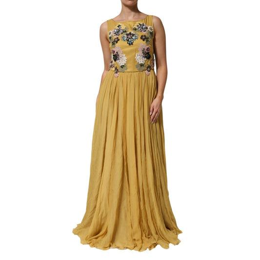 Dolce & Gabbana Yellow Silk Floral Embroidered Maxi Dress