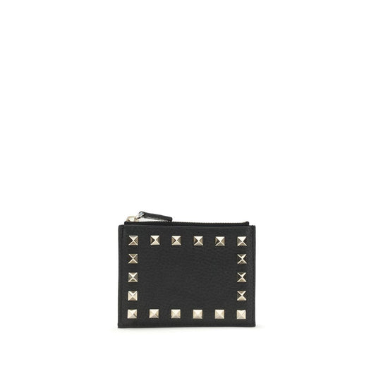 Valentino Garavani Black Calf Leather Bos Taurus Wallet with Rockstud design, featuring platinum finish details and card slots, AW25 collection.