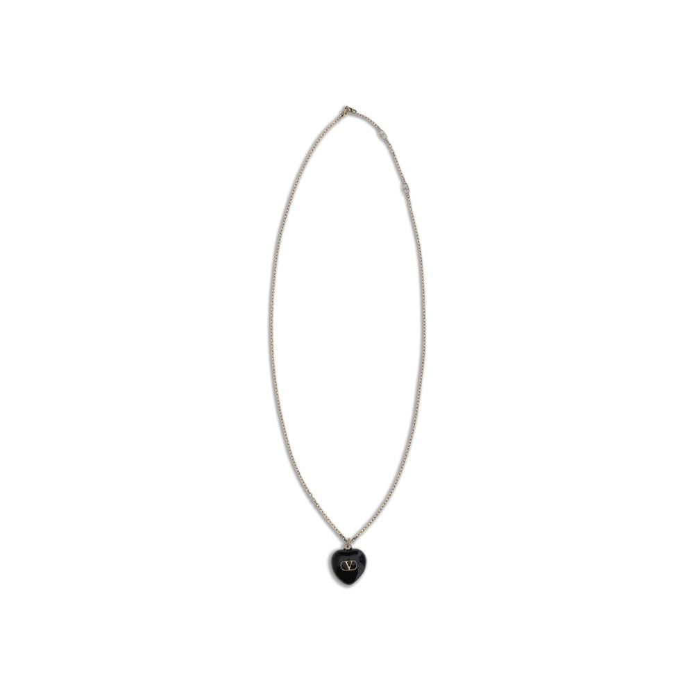 Valentino Garavani Black Brass Necklace with gold-tone finish and Signature VLogo on enamel, featuring adjustable length and lobster clasp.