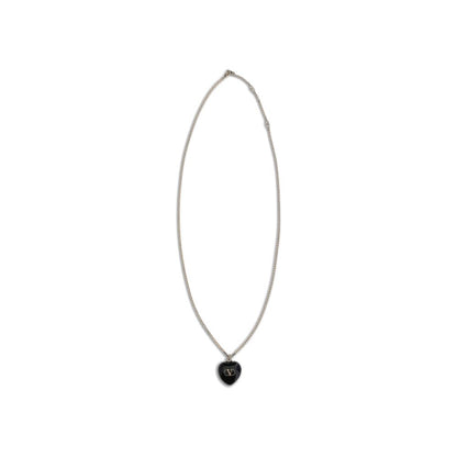 Valentino Garavani Black Brass Necklace with gold-tone finish and Signature VLogo on enamel, featuring adjustable length and lobster clasp.