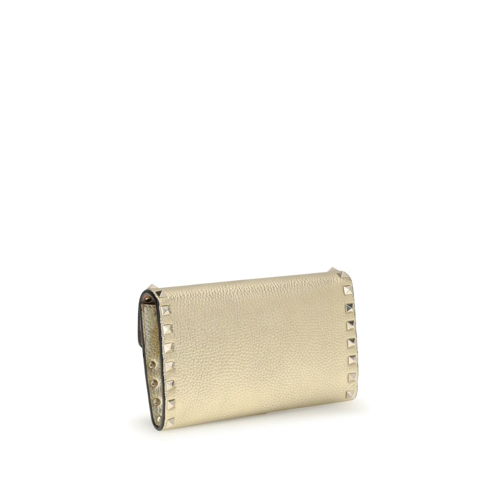 Valentino Garavani Gold Calf Leather Bos Taurus Wallet with iconic Rockstud design and removable chain for versatile style.