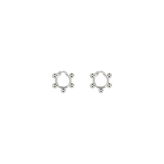 Jil Sander Silver Brass Earrings with contemporary hoop design, snap closure, and engraved logo on white background.