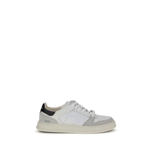 Premiata White Calf Leather Bos Taurus Low Top Sneakers with perforated toe and embossed logo, side view.