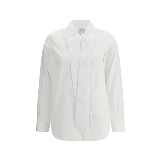 Sara Roka White Cotton Dress Shirt with tie and button closure, showcasing elegant silhouette. High-quality fabric for professional looks.