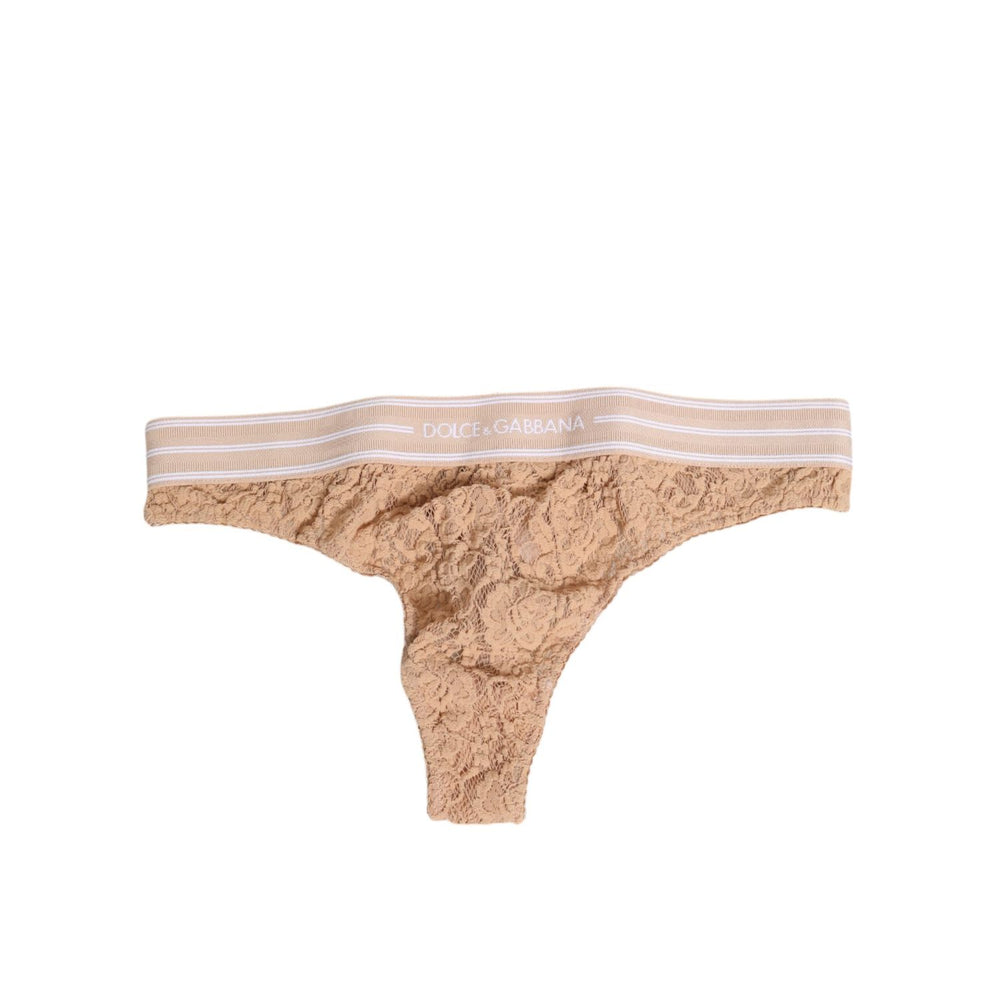 Dolce & Gabbana Beige Lace Logo Elastic Waist Thong Tanga Underwear with floral lace and branded waistband, made in Italy.