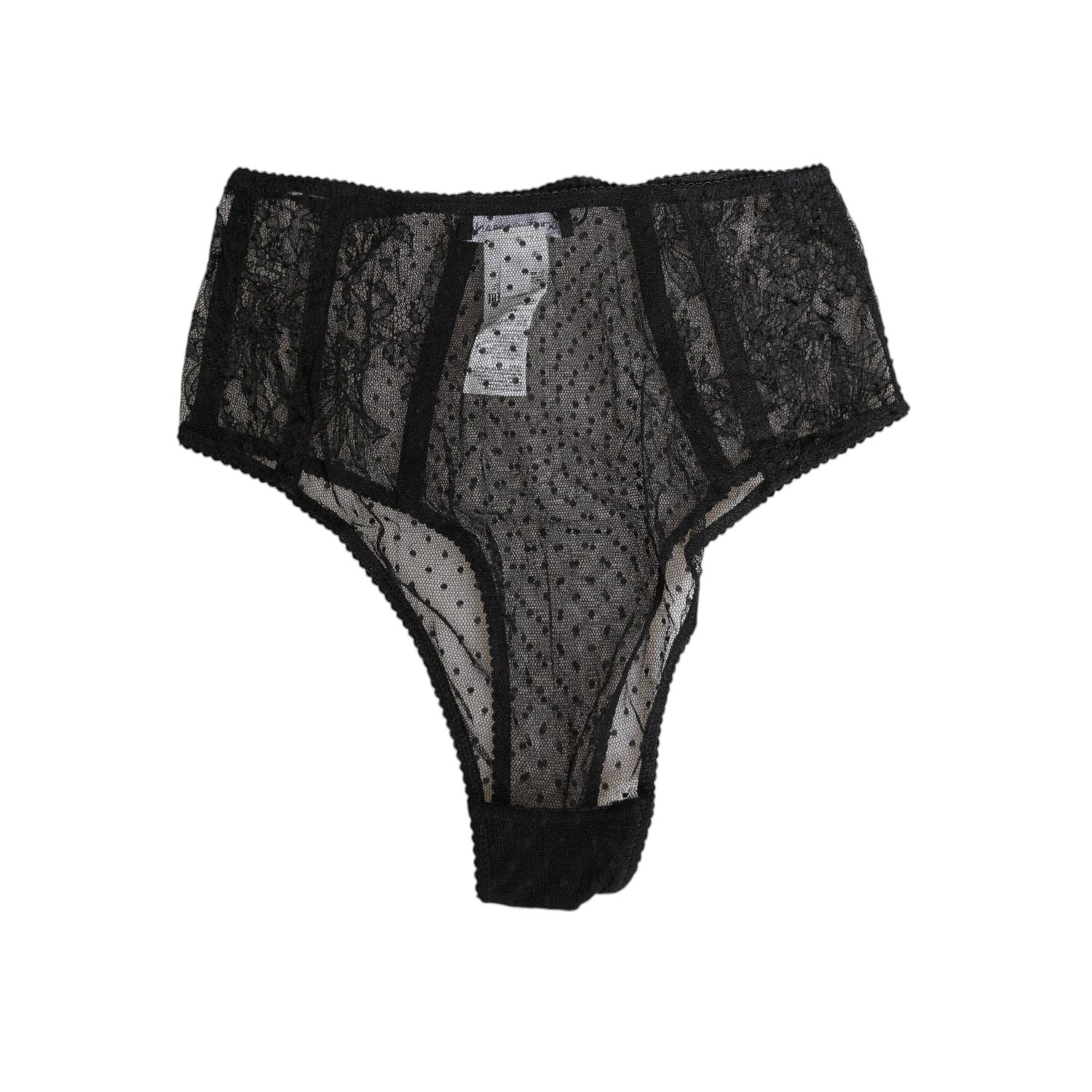 Dolce & Gabbana Black Lace Polka Dot Mesh High Waist Underwear