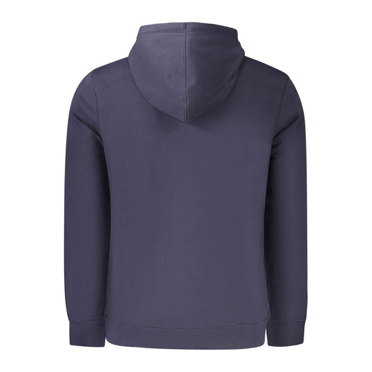 Hugo Boss Blue Cotton Men Sweater back view with hood and long sleeves, showcasing premium fabric and stylish design.