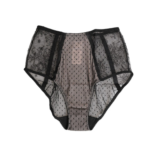 Dolce & Gabbana Black Sheer Polka Dot Lace High Waist Underwear with feminine and elegant lace design.