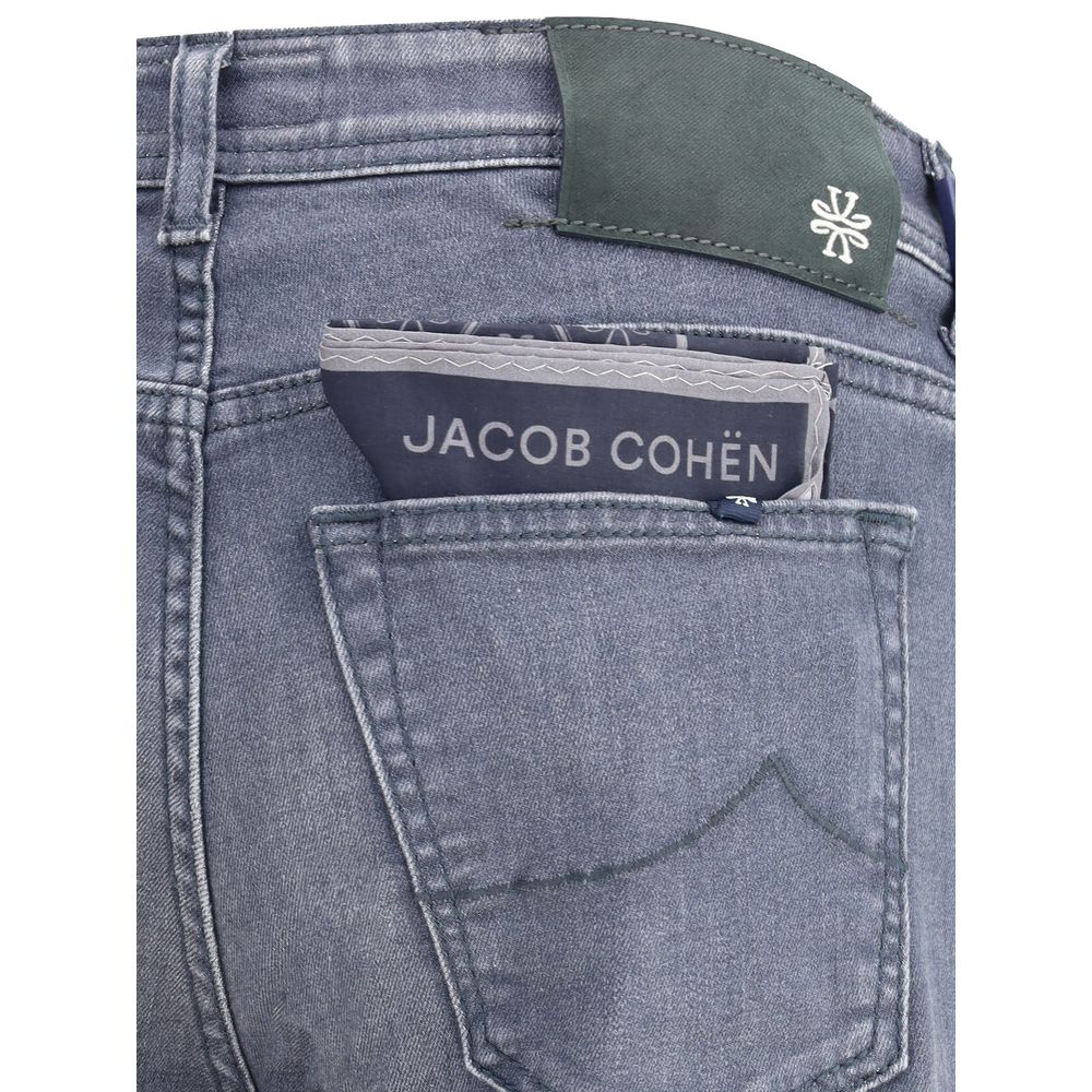 Jacob Cohen Gray Cotton Slim Fit Jeans showcasing back pocket and branded label detailing.