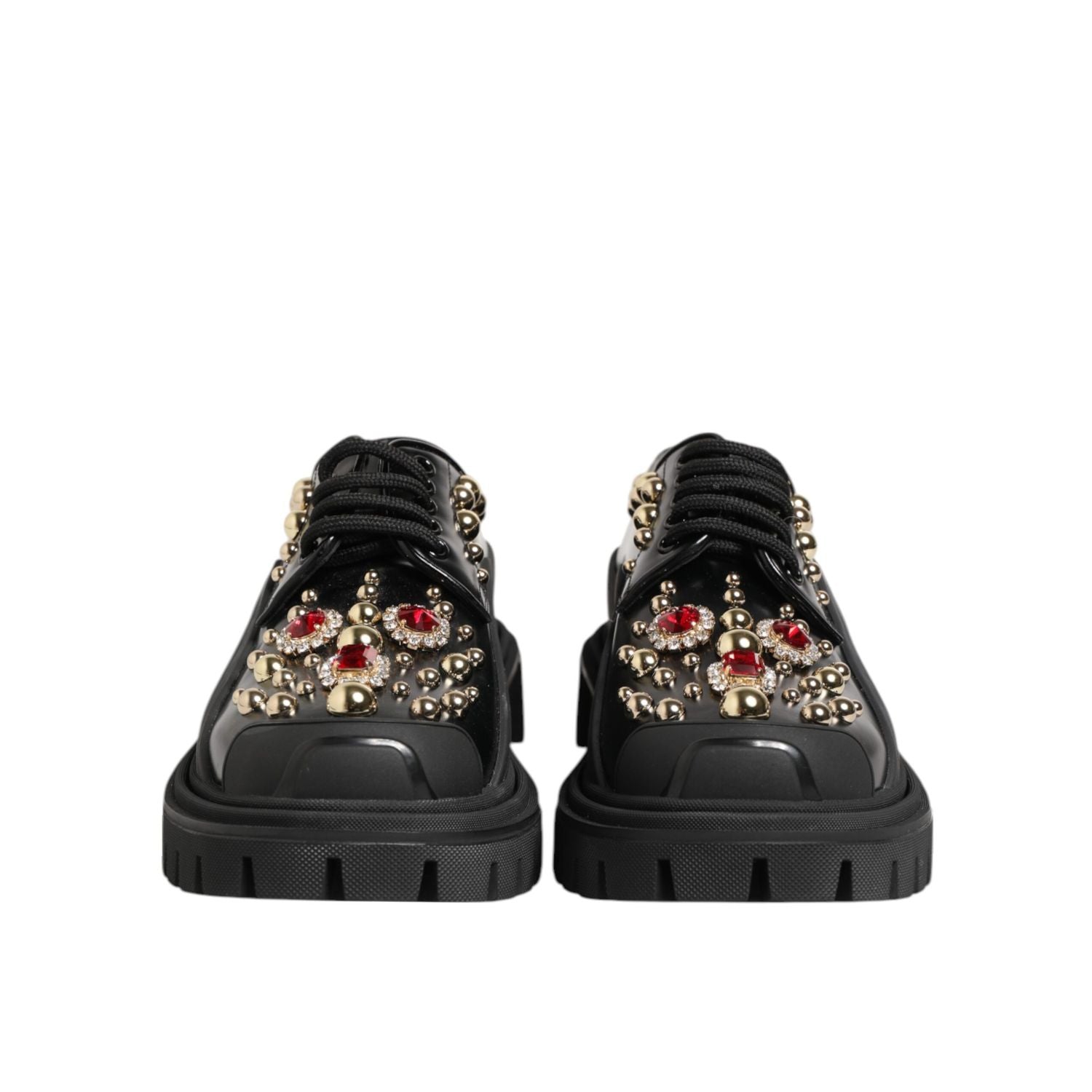 Dolce & Gabbana Black Leather Jeweled Crystals Derby Shoes