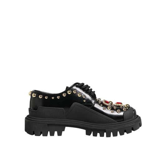 Dolce & Gabbana Black Leather Jeweled Crystals Derby Shoes with gold studs and red crystal embellishments on chunky rubber sole.