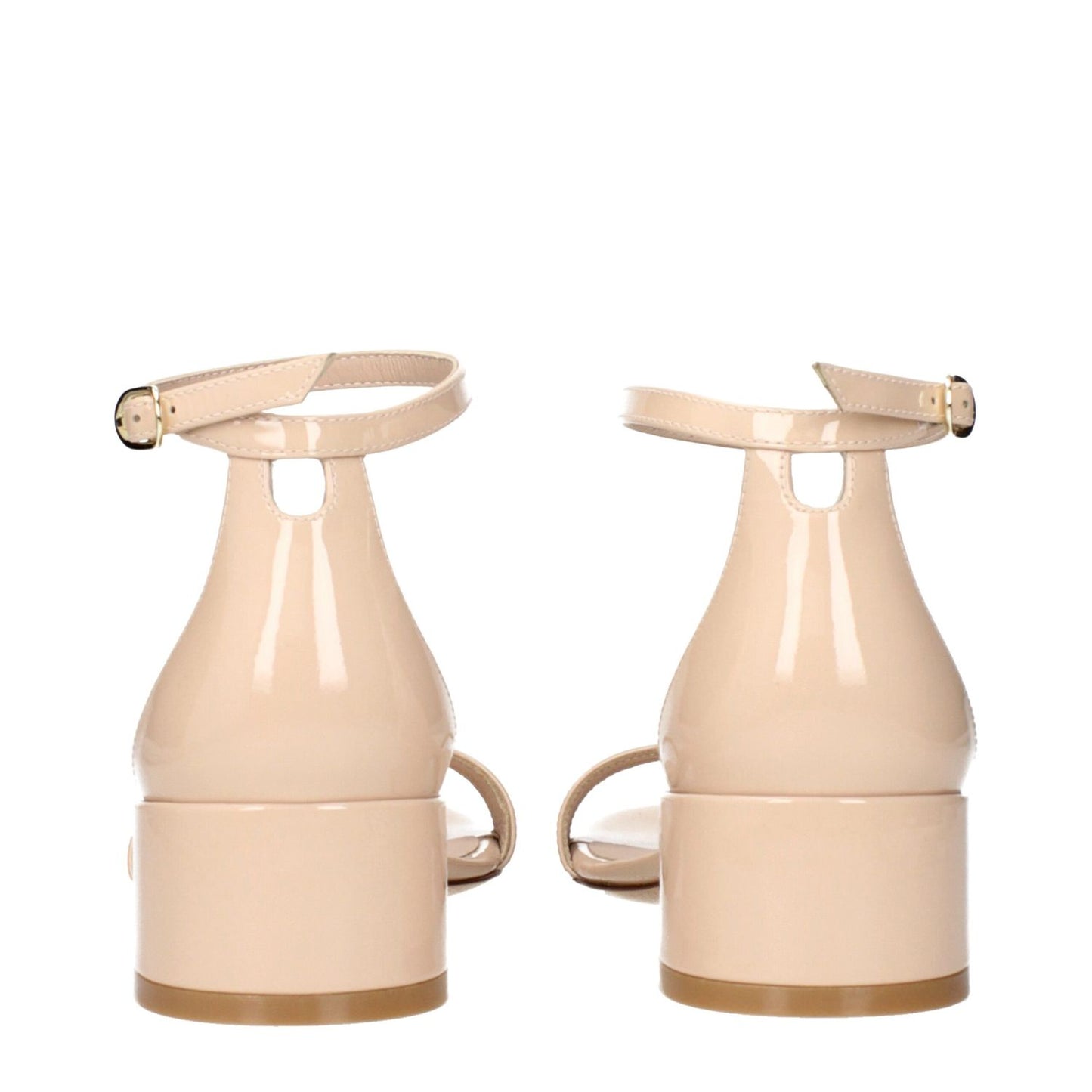 Rear view of Stuart Weitzman Beige Leather Sandals with ankle straps and patent finish. MPN NUDISTBLOCK35PATSK860BARELYBEIGE.