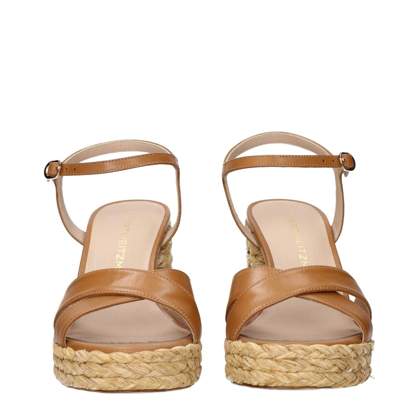 Stuart Weitzman Brown Leather Platform Sandals, front view with braided sole and ankle strap, showcasing elegant design and craftsmanship.
