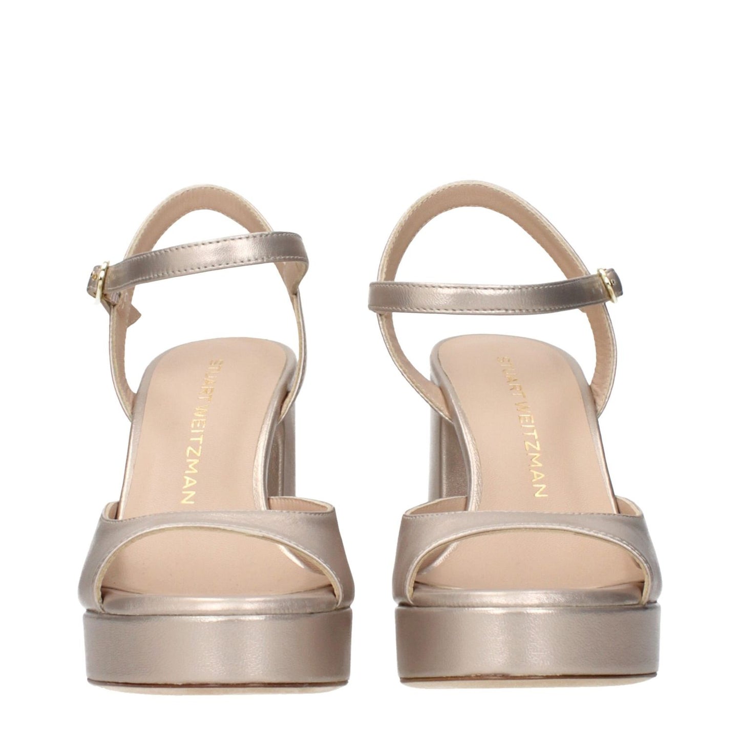Stuart Weitzman Beige Leather Platform Sandals with metallic effect and ankle strap, front view