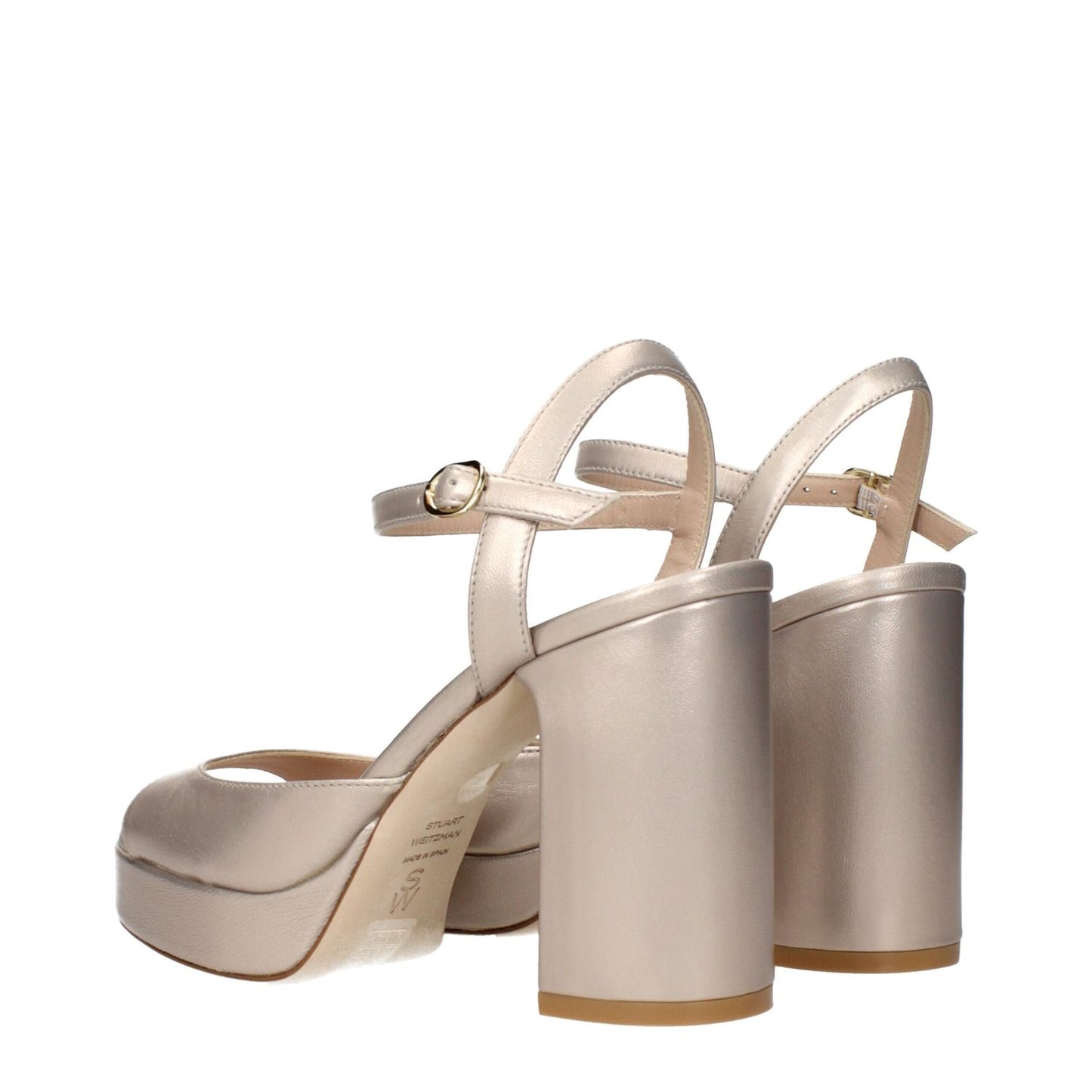 Stuart Weitzman Beige Leather Platform Sandals with metallic effect, MPN DAYNAIIPLATFORMLIDSK308CHAMPAGNE, back view, code F84409.