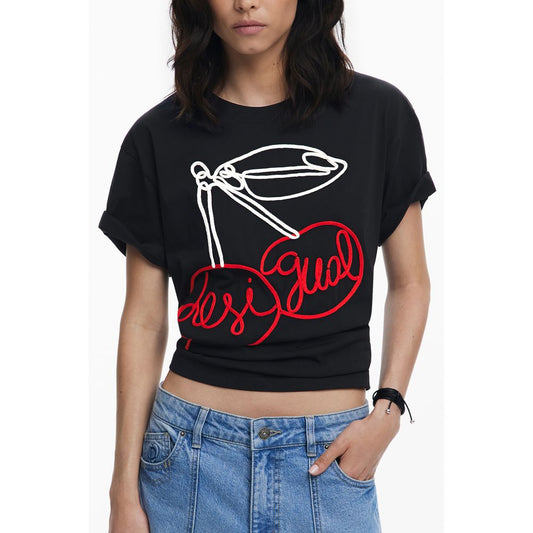Woman wearing Desigual Black Cotton Women T-Shirt with chic embroidery, showcasing casual comfort and logo design.
