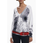 Desigual White Viscose Women Sweater with artistic patterns and V-neck design