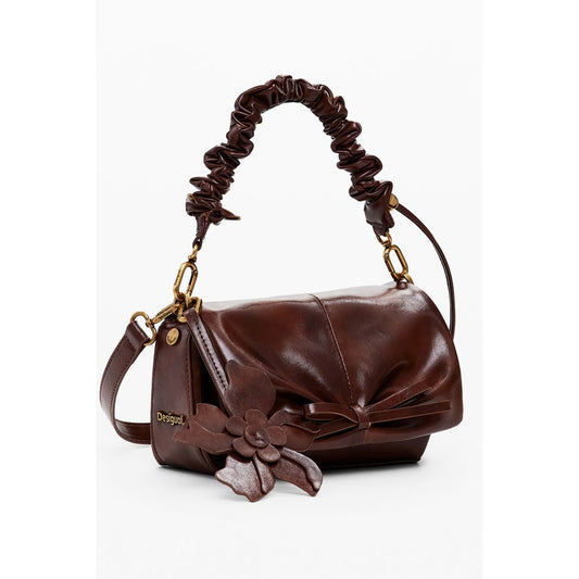 Desigual Brown Polyethylene Women Handbag with removable strap, featuring stylish floral detail for versatile fashion.