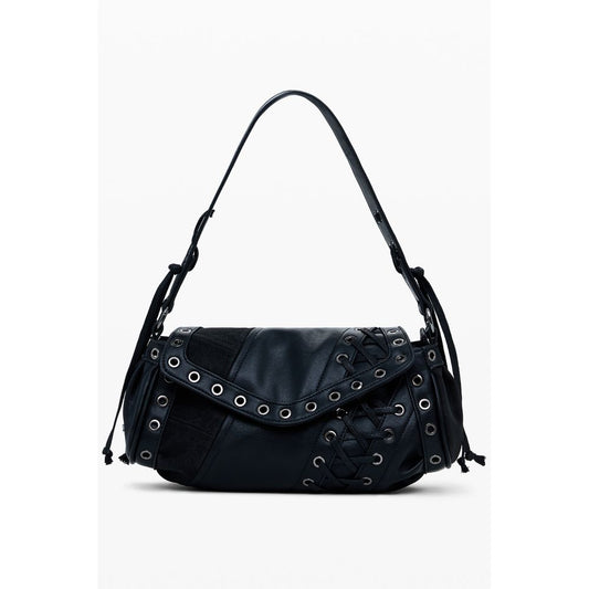 Desigual Black Polyethylene Women Handbag with adjustable strap and intricate design.