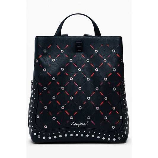 Desigual Black Polyethylene Women Backpack with studded finish and adjustable straps, featuring multiple compartments for practicality.