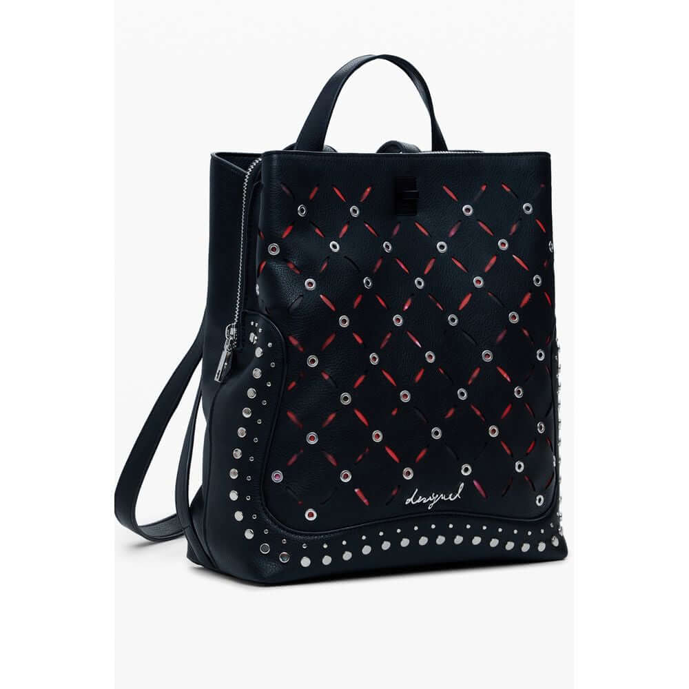 Desigual Black Polyethylene Women Backpack with studded design, external pocket, adjustable straps, and multiple compartments.