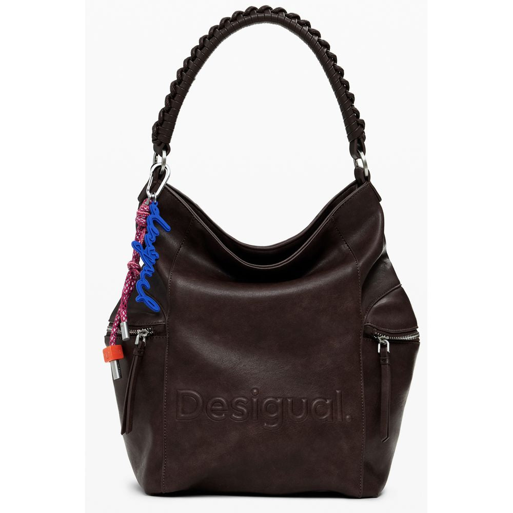 Desigual Brown Polyethylene Women Backpack with Africa-inspired logo and relief print, designed for trendsetters, on a white background.