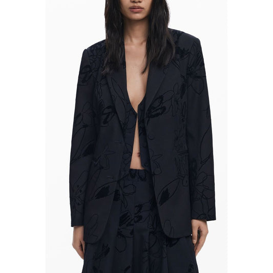 Desigual Black Polyester Women Jacket with V-neck and iconic logo, displaying chic design and sleek fit for bold fashion statements.