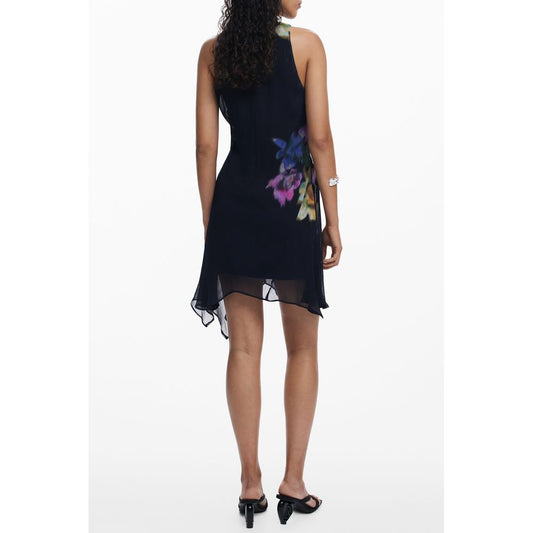 Back view of Desigual Black Polyester Women Dress with bold print and button detail, showcasing elegant sleeveless design.