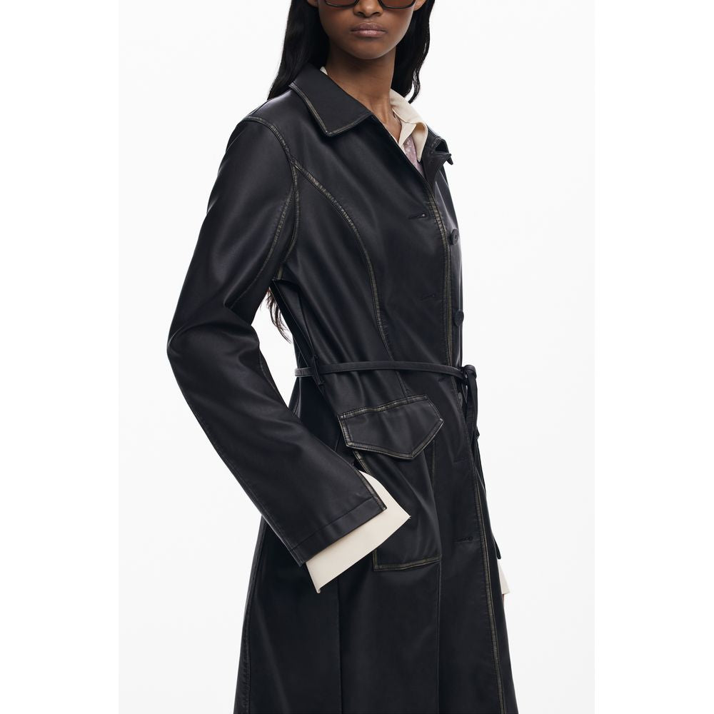 Desigual Black Polyethylene Women Coat with waist-cinching belt, contrasting accents, and sleek design for bold sophistication.