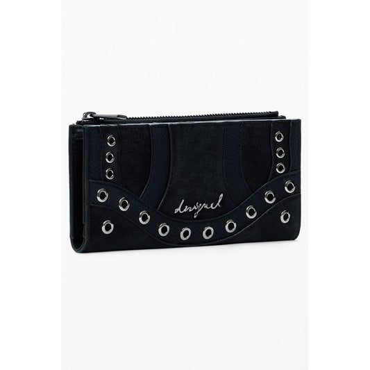 Desigual Black Polyethylene Women Wallet with zip and snap closures, featuring stylish contrasting details, perfect for organizing essentials.
