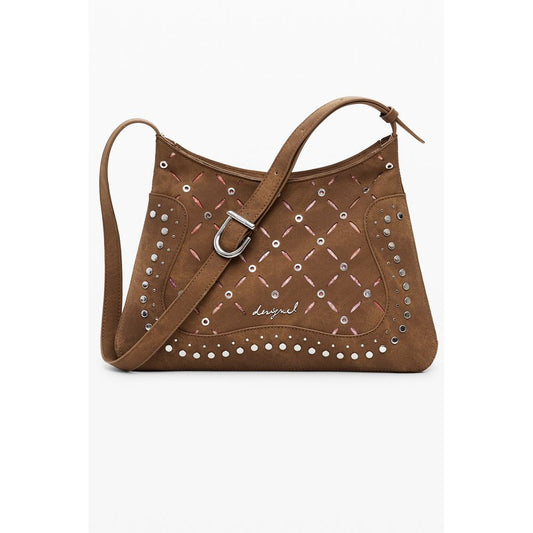 Desigual Brown Polyethylene Women Handbag with studs and adjustable strap, featuring multiple compartments for versatile styling.