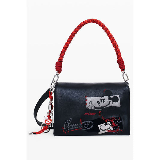 Desigual Black Polyethylene Women Handbag featuring Mickey Mouse design, red strap, and bold logo with zip and magnet closure.
